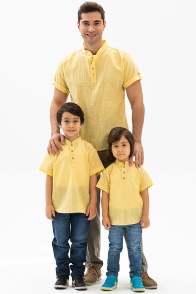 Kısa Kol Şantuklu Pamuk Bodrum Yazlık Erkek Çocuk Tshirt Sarı 3073 1-2 Yaş Sarı - Resim 5