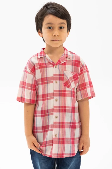 Kısa Kol Şile Bezi Tek Cepli Erkek Yazlık Çocuk Gömlek Kırmızı Krem Ekose 3038 2-3 Yaş Kırmızı Krem Ekose - Resim 3