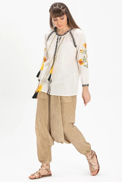 Uzun Kol Şile Bezi Nigar Yazlık Bluz Krem Krm S Krem - Resim 5