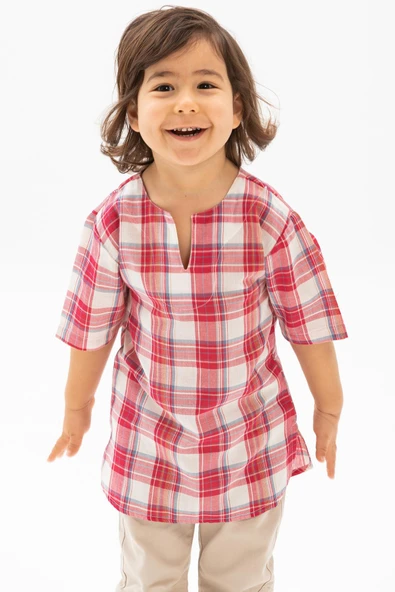 Kısa Kol Şile Bezi Bisiklet Yaka Yazlık Erkek Çocuk Tshirt Kırmızı Krem Ekose 3038 1-2 Yaş Kırmızı Krem Ekose - Resim 3