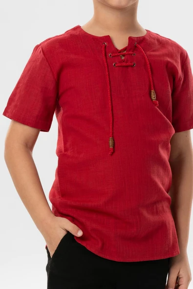 Kısa Kol Şile Bezi Zımbalı Yazlık Erkek Çocuk Tshirt Kırmızı 3051 1-2 Yaş Bordo - Resim 3