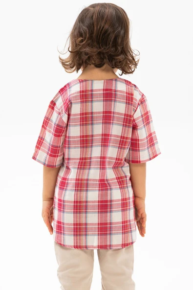 Kısa Kol Şile Bezi Bisiklet Yaka Yazlık Erkek Çocuk Tshirt Kırmızı Krem Ekose 3038 1-2 Yaş Kırmızı Krem Ekose - Resim 2