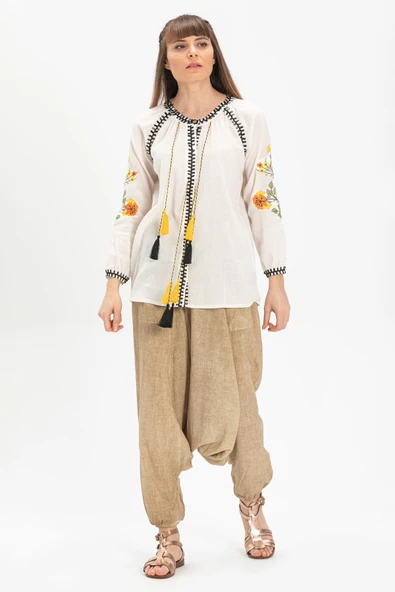 Uzun Kol Şile Bezi Nigar Yazlık Bluz Krem Krm S Krem - Resim 4