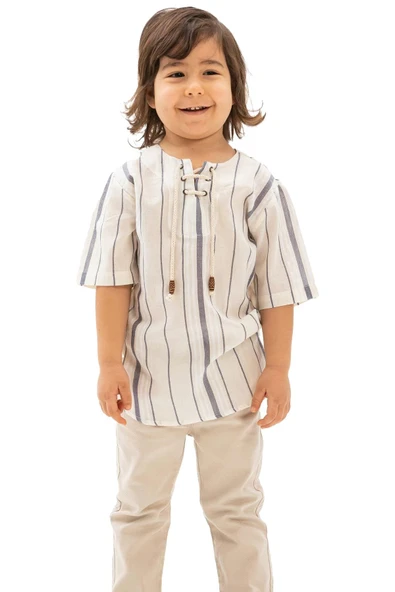 Kısa Kol Şile Bezi Zımbalı Yazlık Erkek Çocuk Tshirt Ekru Gri Çizgili 3028 1-2 Yaş Ekru Gri Çizgili - Resim 5
