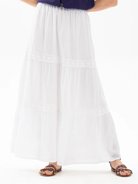 Uzun Şile Bezi Dantelli Yazlık Etek Beyaz Byz S/M Beyaz