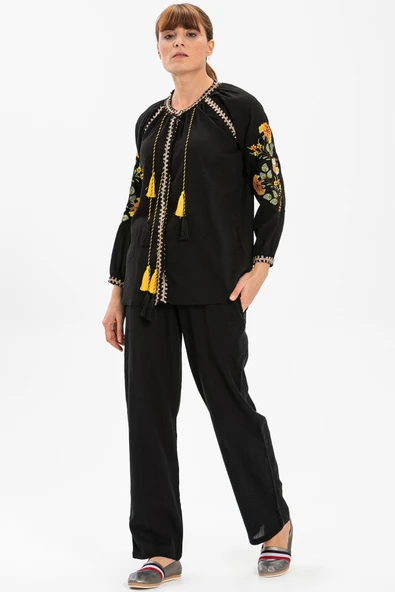 Uzun Kol Şile Bezi Nigar Yazlık Bluz Siyah Syh S Siyah - Resim 4