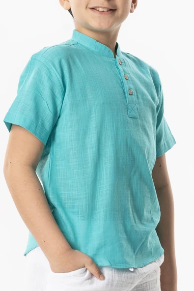 Kısa Kol Şantuklu Pamuk Bodrum Yazlık Erkek Çocuk Tshirt Turkuaz 3054 1-2 Yaş Turkuaz - Resim 4