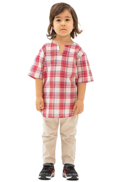 Kısa Kol Şile Bezi Bisiklet Yaka Yazlık Erkek Çocuk Tshirt Kırmızı Krem Ekose 3038 1-2 Yaş Kırmızı Krem Ekose - Resim 6