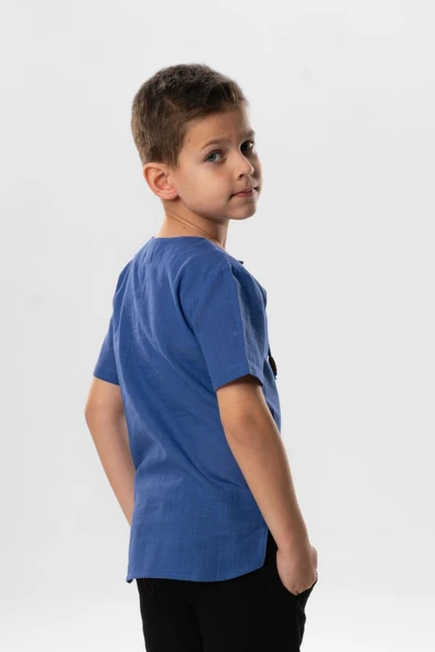 Kısa Kol Şile Bezi Zımbalı Yazlık Erkek Çocuk Tshirt Saks 3050 1-2 Yaş Saks - Resim 2