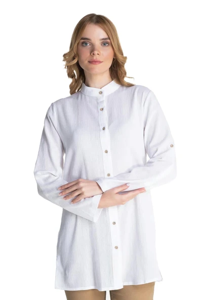 Kadın Şile Bezi Hakim Yaka Yazlık Tunik Beyaz Byz M Beyaz - Resim 9