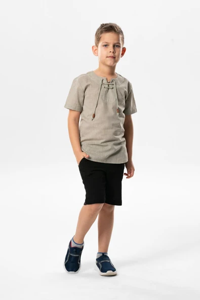 Kısa Kol Şile Bezi Zımbalı Yazlık Erkek Çocuk Tshirt Taş 3031 1-2 Yaş Taş - Resim 4