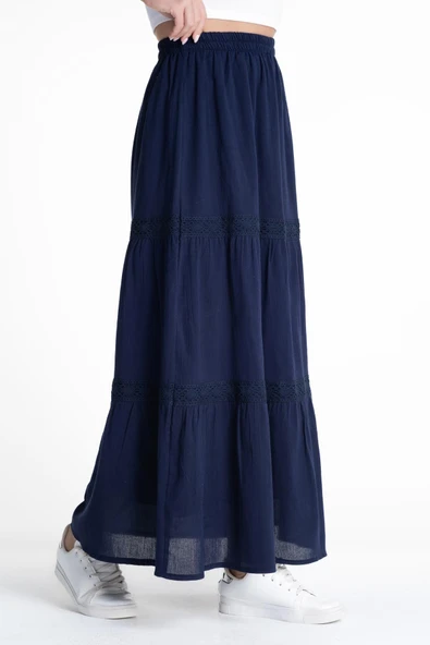 Uzun Şile Bezi Dantelli Yazlık Etek Lacivert Lcvt S/M Lacivert - 6