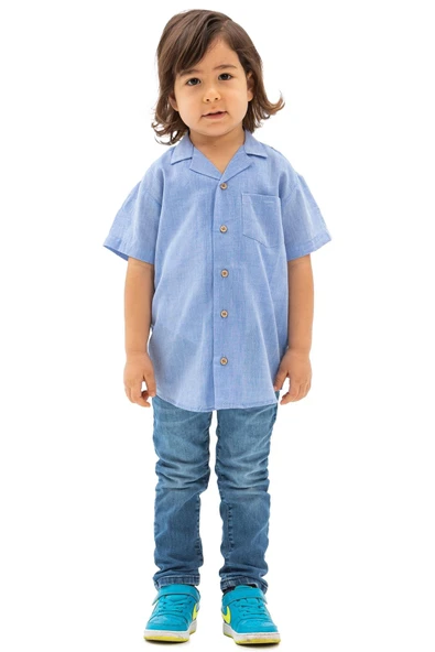 Kısa Kol Şile Bezi Tek Cepli Erkek Yazlık Çocuk Gömlek Mavi 3032 2-3 Yaş Mavi - 5