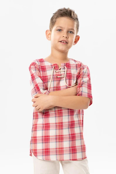 Kısa Kol Şile Bezi Zımbalı Yazlık Erkek Çocuk Tshirt Kırmızı Krem Ekose 3038 1-2 Yaş Kırmızı Krem Ekose - 5