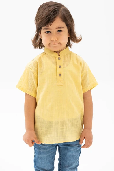 Kısa Kol Şantuklu Pamuk Bodrum Yazlık Erkek Çocuk Tshirt Sarı 3073 1-2 Yaş Sarı - Resim 3