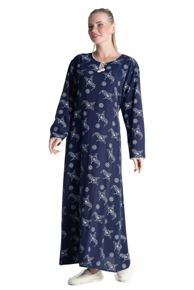 Uzun Kol Şile Bezi Baskılı Uzun Yazlık Elbise Serpme Desen Lacivert Lcvt - Resim 7