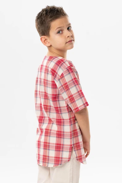 Kısa Kol Şile Bezi Zımbalı Yazlık Erkek Çocuk Tshirt Kırmızı Krem Ekose 3038 1-2 Yaş Kırmızı Krem Ekose - 2