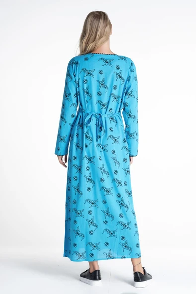 Uzun Kol Şile Bezi Baskılı Uzun Yazlık Elbise Serpme Desen Turkuaz Trkz - Resim 2