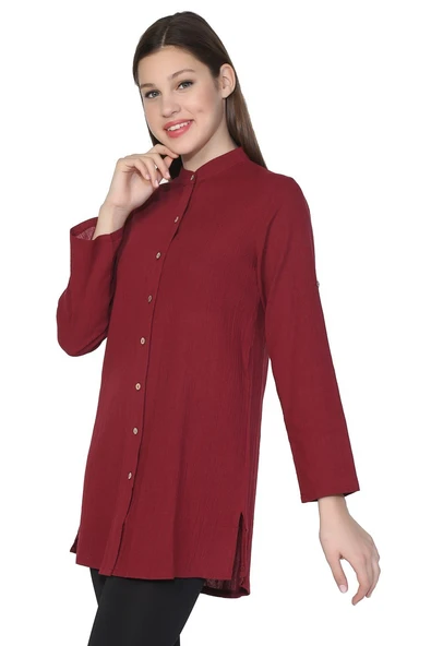 Kadın Şile Bezi Hakim Yaka Yazlık Tunik Bordo Brd M Bordo - Resim 4