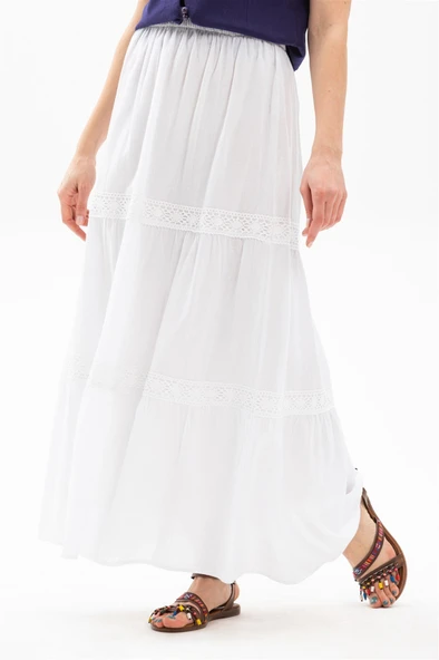 Uzun Şile Bezi Dantelli Yazlık Etek Beyaz Byz S/M Beyaz - 4