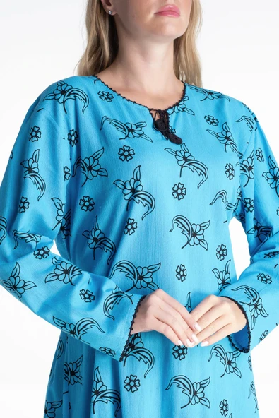 Uzun Kol Şile Bezi Baskılı Uzun Yazlık Elbise Serpme Desen Turkuaz Trkz - Resim 3