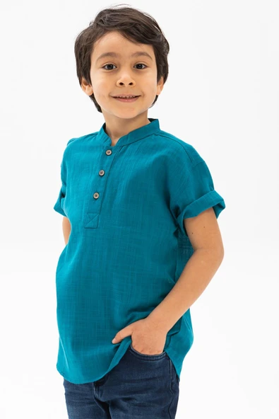 Kısa Kol Şantuklu Pamuk Bodrum Yazlık Erkek Çocuk Tshirt Petrol 3053 1-2 Yaş Petrol - Resim 3