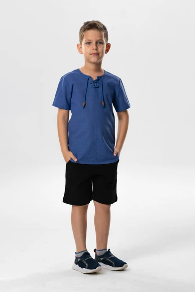 Kısa Kol Şile Bezi Zımbalı Yazlık Erkek Çocuk Tshirt Saks 3050 1-2 Yaş Saks - Resim 4