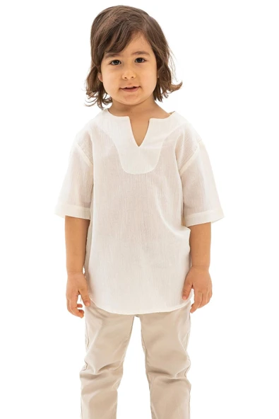 Kısa Kol Şile Bezi Bisiklet Yaka Yazlık Erkek Çocuk Tshirt Krem 3002 1-2 Yaş Krem - Resim 5