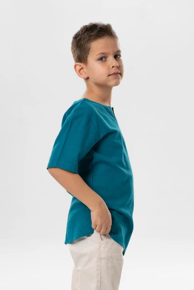 Kısa Kol Şile Bezi Bisiklet Yaka Yazlık Erkek Çocuk Tshirt Petrol 3053 1-2 Yaş Petrol - Resim 4