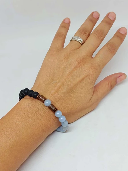 Angelit & Oniks Taşı 8mm Unisex Tasarım Bileklik Hawaii Model (3927) - Resim 4