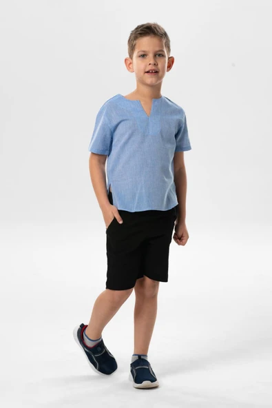 Kısa Kol Şile Bezi Bisiklet Yaka Yazlık Erkek Çocuk Tshirt Mavi 3032 1-2 Yaş Mavi - Resim 5