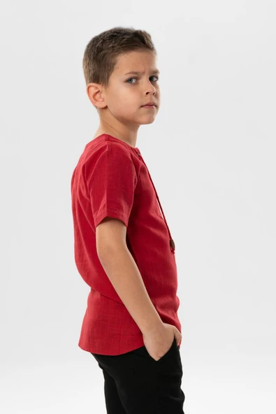 Kısa Kol Şile Bezi Zımbalı Yazlık Erkek Çocuk Tshirt Kırmızı 3051 1-2 Yaş Bordo - Resim 5