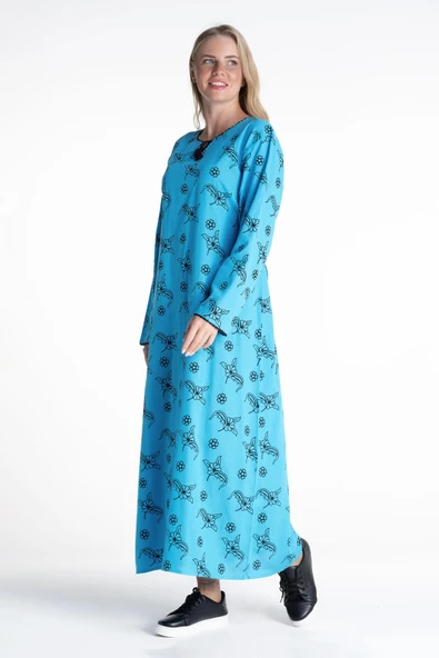 Uzun Kol Şile Bezi Baskılı Uzun Yazlık Elbise Serpme Desen Turkuaz Trkz - Resim 4