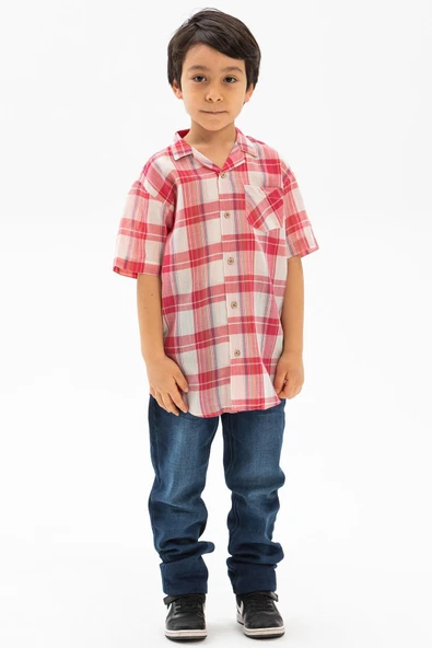 Kısa Kol Şile Bezi Tek Cepli Erkek Yazlık Çocuk Gömlek Kırmızı Krem Ekose 3038 2-3 Yaş Kırmızı Krem Ekose ürün görseli