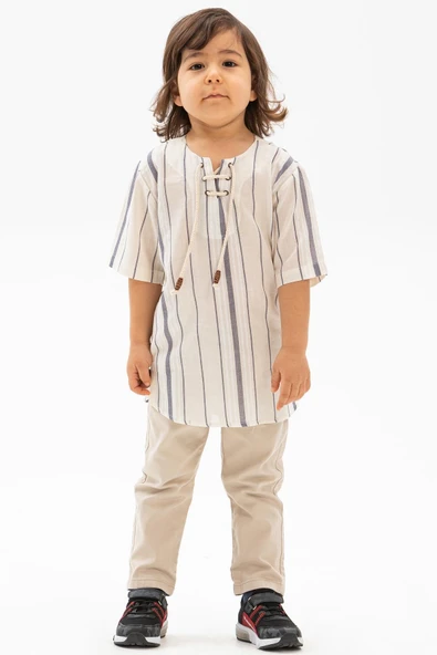 Kısa Kol Şile Bezi Zımbalı Yazlık Erkek Çocuk Tshirt Ekru Gri Çizgili 3028 1-2 Yaş Ekru Gri Çizgili - Resim 3