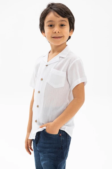 Kısa Kol Şile Bezi Tek Cepli Erkek Yazlık Çocuk Gömlek Beyaz 3001 2-3 Yaş Beyaz - 3