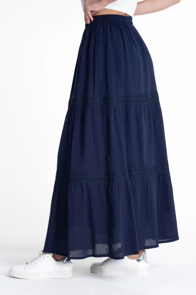 Uzun Şile Bezi Dantelli Yazlık Etek Lacivert Lcvt S/M Lacivert - 5