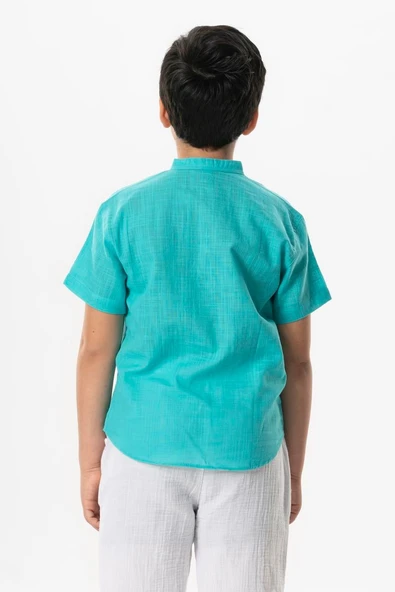 Kısa Kol Şantuklu Pamuk Bodrum Yazlık Erkek Çocuk Tshirt Turkuaz 3054 1-2 Yaş Turkuaz - Resim 2