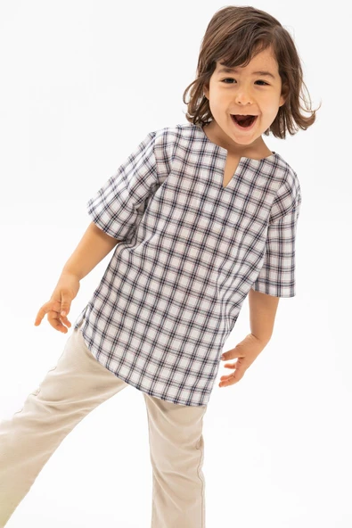 Kısa Kol Şile Bezi Bisiklet Yaka Yazlık Erkek Çocuk Tshirt Füme Ekose 3039 1-2 Yaş Füme Ekose - Resim 3