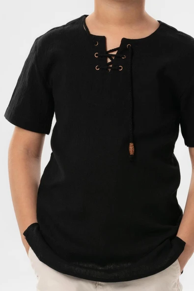 Kısa Kol Şile Bezi Zımbalı Yazlık Erkek Çocuk Tshirt Siyah 3003 1-2 Yaş Siyah - Resim 3