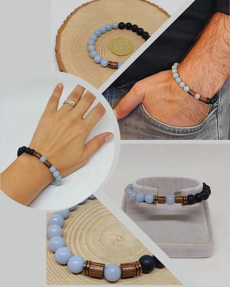 Angelit & Oniks Taşı 8mm Unisex Tasarım Bileklik Hawaii Model (3927) ürün görseli