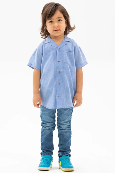 Kısa Kol Şile Bezi Tek Cepli Erkek Yazlık Çocuk Gömlek Mavi 3032 2-3 Yaş Mavi