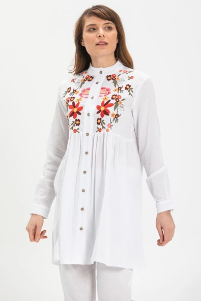 Büşra Şile Bezi Yazlık Tunik Beyaz Byz S Beyaz - Resim 4