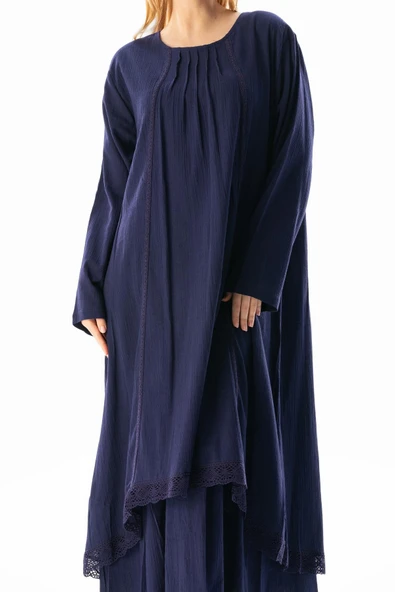 Uzun Kol Şile Bezi Nervürlü Uzun Tesettür Elbise Mor Mor - Resim 3