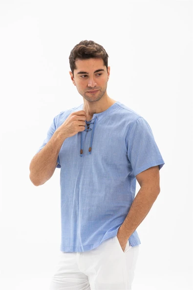 Kısa Kol Şile Bezi Zımbalı Erkek Yazlık Tshirt Mavi 3032 - 3