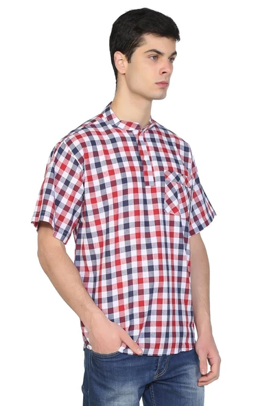 Kısa Kol Şile Bezi Tek Cepli Hakim Yaka Erkek Yazlık Tshirt Kırmızı Lacivert Kareli 3008 ürün görseli