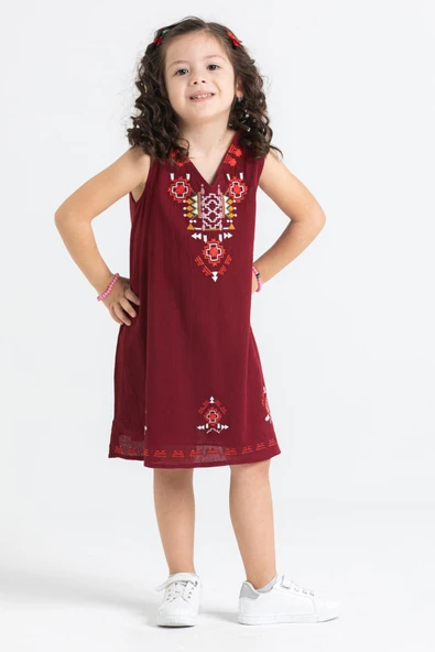 Gökçe Şile Bezi Kız Çocuk Yazlık Elbise Bordo Brd 2-3 Yaş Bordo - 3