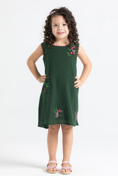 Burçak Şile Bezi Kız Çocuk Yazlık Elbise Yeşil Ysl - Resim 5