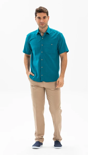 Kısa Kol Şile Bezi Tek Cepli Erkek Yazlık Gömlek Petrol 3053 - 4