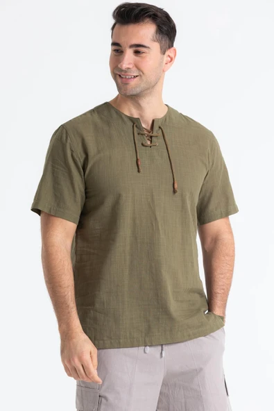 Kısa Kol Şile Bezi Zımbalı Erkek Yazlık Tshirt Haki 3049 - 4